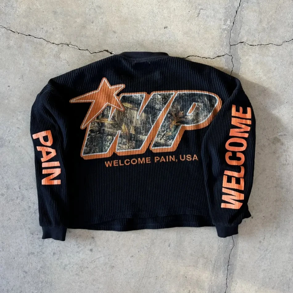 Y2K Black Waffle pletené tričko s dlhým rukávom Men Ženy Harajuku retro grafické tlačené vrcholy Gothic Pullover Autumn Clothes