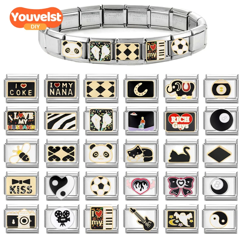 Y2K Charm Camera Guitar Bow stolný tenis taliansky kúzlo Links fit 9mm náramok z nehrdzavejúcej ocele pre domácich majstrov