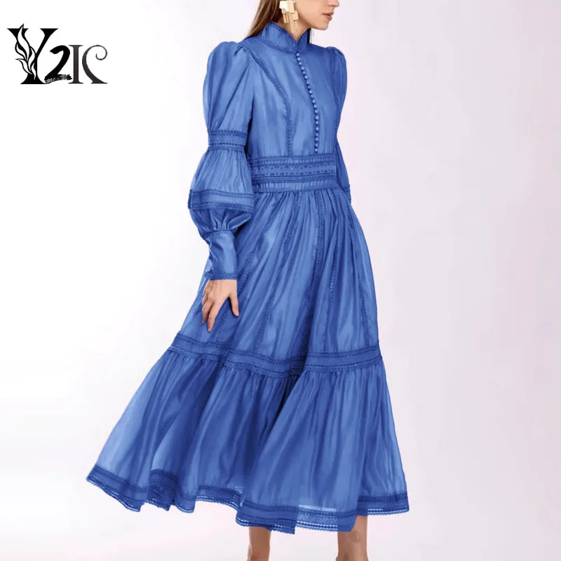 Y2K Designer Designer Blue Basic Stand Collar Puff Dlhý rukáv Lace Patchwork maxi šaty pre dámske večierky večerné festivalové šaty