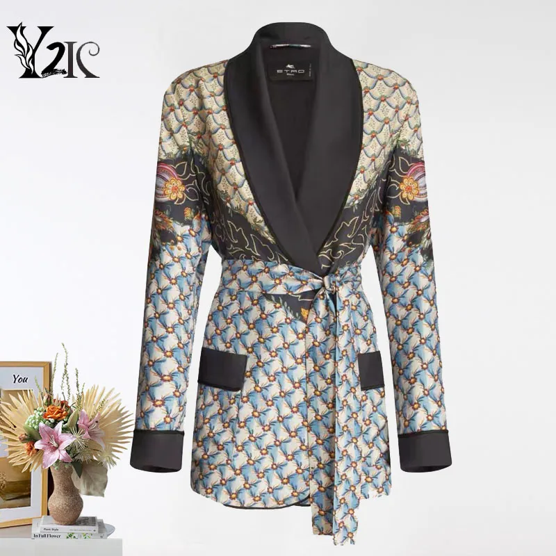 Y2K Designer Vintage Floral Print zárez, Blazer Mujer Chic Runway Thin Style Fashion Luxury Bunda Dámske oblečenie Voat Outwear