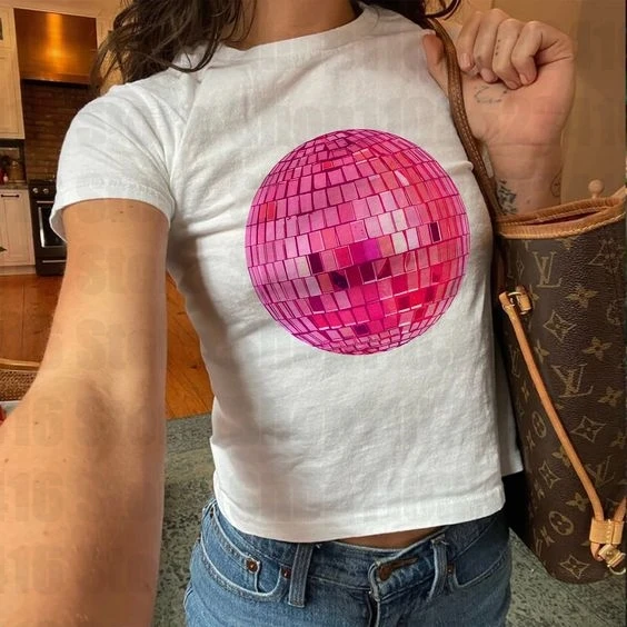 Y2K Disco Ball Grafická tlač Dámske tričko Dievča letné plodiny Tops Sexys Yourful Woman oblečenie Goth Slim s krátkym rukávom detské odpaliská