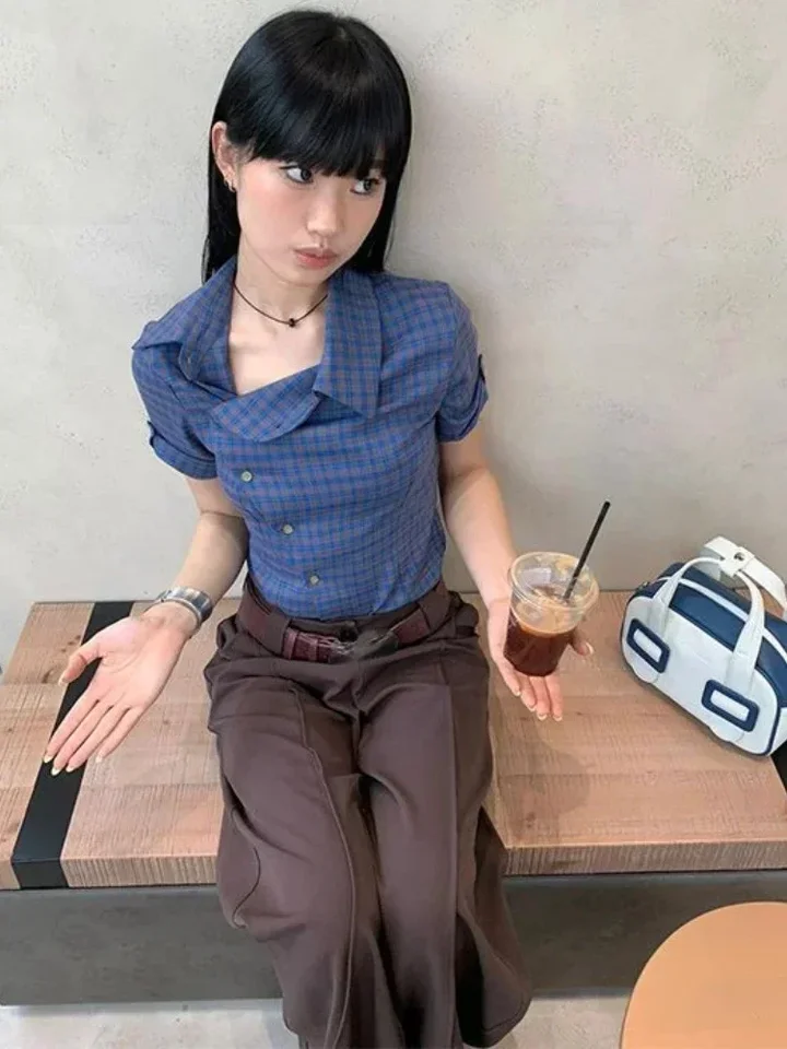 Y2k estetické vinobranie kockované košele harajuku letné single dojčené ženy Príležitostné blúzky japonské štíhle streetwear blusas de majer