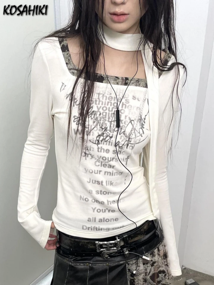 Y2K estetický vintage list tlačový tričko dám 2025 Harajuku Patchwork and Scarf Topy Tops Casy Fairy Grunge Bottoming Tee tričká