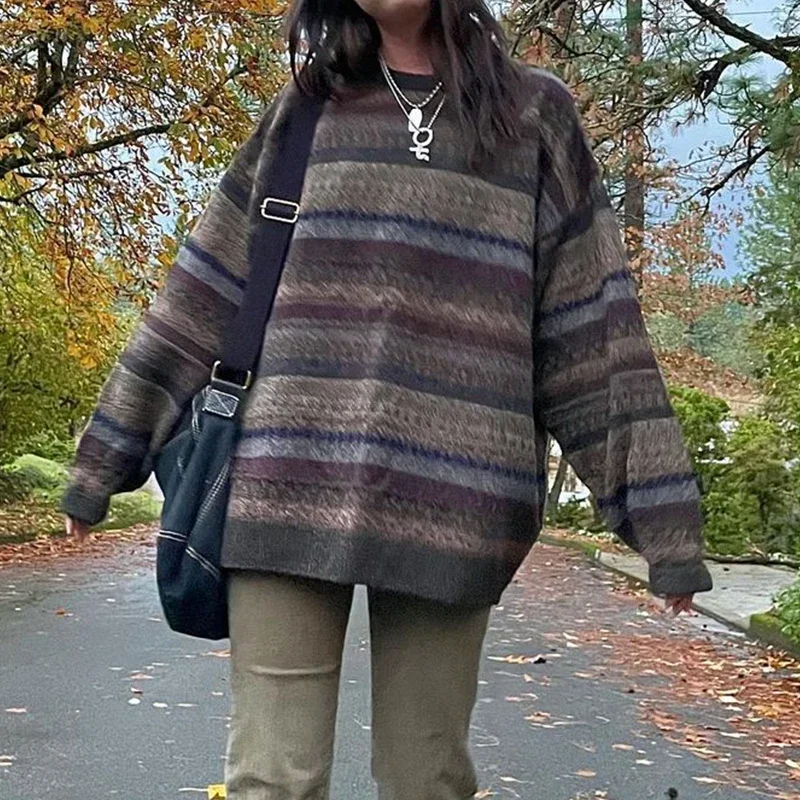 Y2k estetika preppy grunge retro pruhovaný pletený sveter Jeseň o krk plné rukávy mikrov