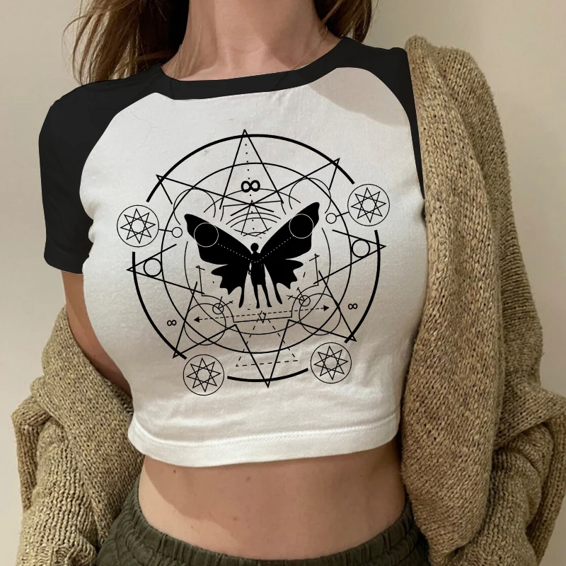 Y2K Fairy Grunge emo Sexy gotická plodina Top Vintage Harajuku čierny krátky rukáv O-Neck T tričká estetické odevy streetwear tanky