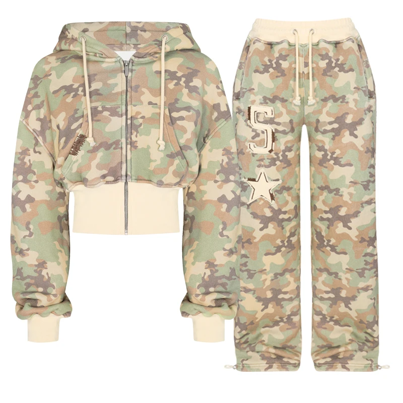 Y2K Fashion Camo Vyšívaná mikina mikiny a nohavice na jeseň Zimné dámske nohavice mikina zipsová sada emo