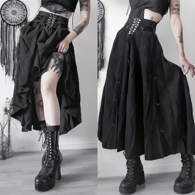 Y2K Goth Black Lace-Up dlhé sukne Vintage s vysokým pásom večierok Ženy letné jeseň novú módnu sukňu streetwear