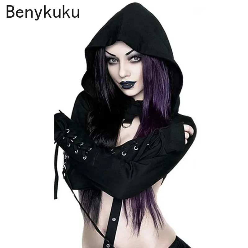 Y2K Gothic Hoodies s kapucňou s dlhým rukávom Suspenders Slid Black Crop Mikirshirt for Woman Streetwear Punk Hoodies 2024