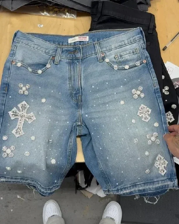 Y2K Gotické šortky hip hop kamienky retro modré streetwear baggy džínsy džínsové telocvične kraťas