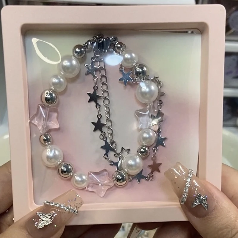 Y2K Harajuku Crystal Star Pentagram Pearl Clapl At And