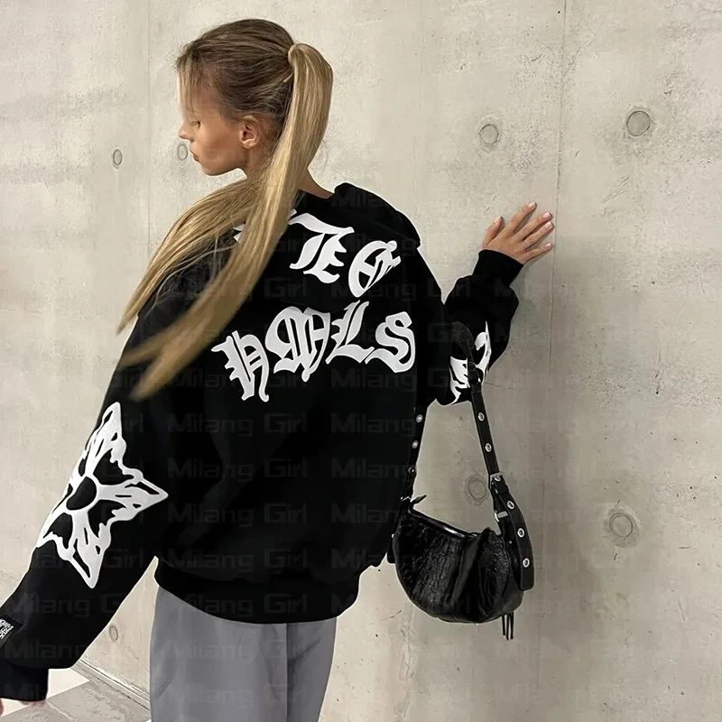 Y2K Harajuku Loose Zip Up Hoodie Letter Tlač Goth Punk Stricka Ženy s dlhým rukávom Športové kapucňa s kabátmi nadmerne veľkú módnu bundu