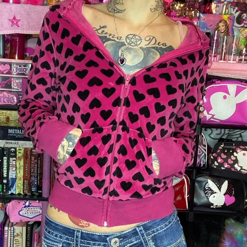 Y2K Heart Print zamatová bunda s kapucňou ružovým sladkým štýlom jesenný vreckový zips kabát retro roztomilé štíhle Outwear Winter