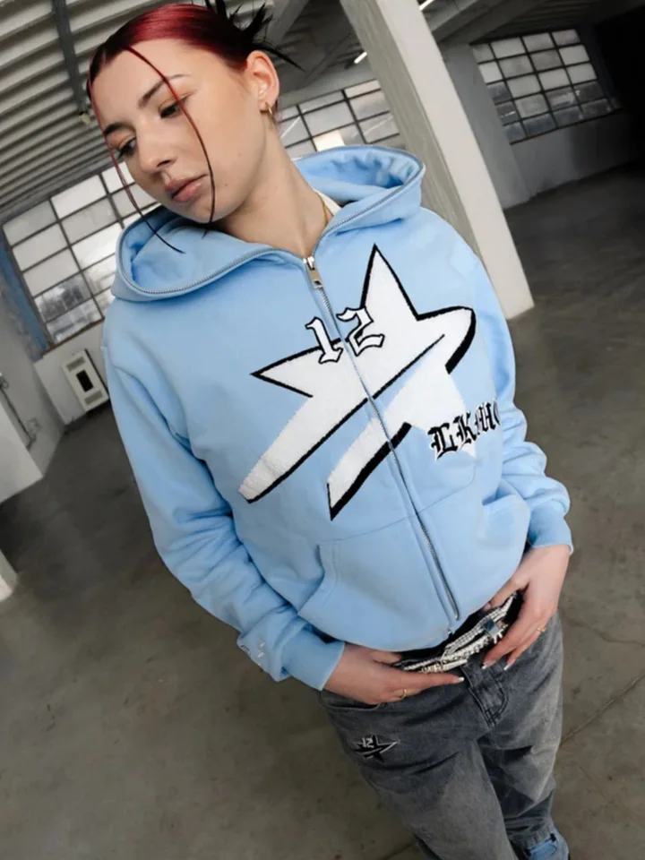 Y2K Hoodie Dámska harajuku listová tlač mikiny hip hop punk s dlhým rukávom vrecko Top päťbodová hviezda EMO Emo