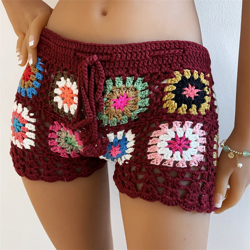 Y2K háčkovanie zakrytie šortiek pre ženy boho kvetinová patchwork dutina vonku spodná časť