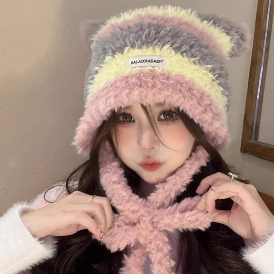 Y2K Japan Designer ručne vyrábaný pentagram vlna čiapky Lady Jeseň Spring Warm Warm Cat Uši pletený pruh čiapka čiapka s pompom