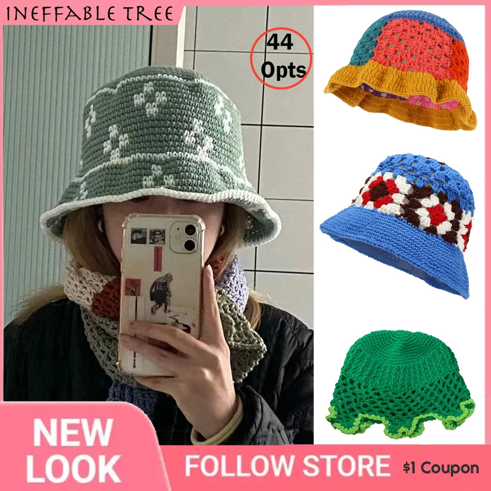 Y2K Japan Ručne tkané bavlnené priadze háčkovacie klobúky Klobúky Spring letné slnečné klobúky Ženy plážové klobúky Plaid Flower Bob Bob Rybárske čiapky