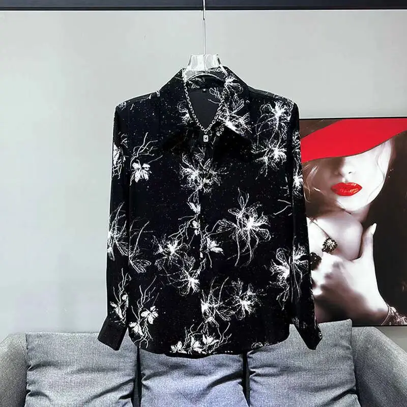 Y2K jesenný muž vintage tlač Sociálne čierne košele luxusné pánske nočné kluby Horúce diamanty s dlhým rukávom na havaji košele košele homme homme