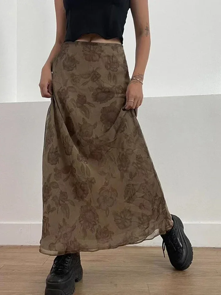 Y2k kvetinové midi sukne vintage fairykore grunge pinkované sukne ženy dovolenka České dlhé sukne Harajuku Kórejské šik