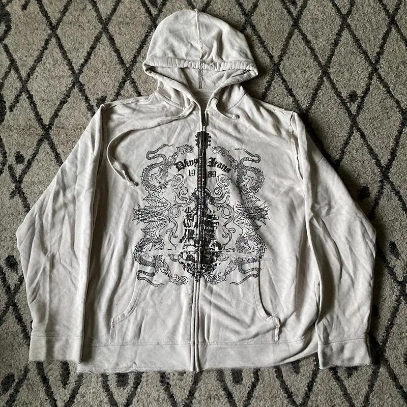Y2K Men Zip Up Hoodie Grafický hip hop golier grutický gotický americký retro vintage mikiny oblečenie punk módne zipsové bundy