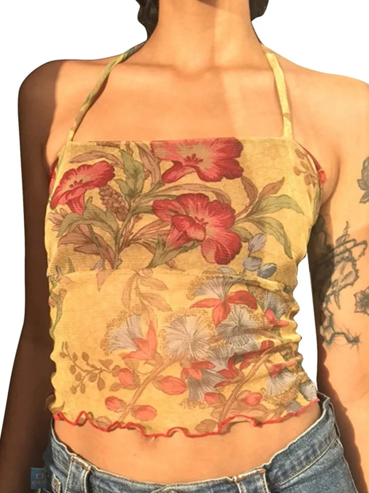 Y2k mesh číry kvetinový tričko vinobranie ohláňacie vrcholy žien bez rukávov Slim Fit Crop Top Harajuku Streetwear