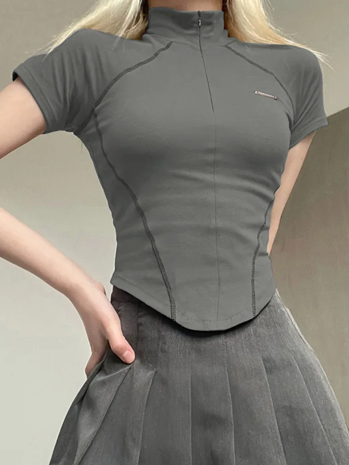 Y2K Metal Crop Top Zipper Grey Conyber s krátkym rukávom Moto Tee Korean Fashion Streetwear tričko grunge elegantné oblečenie 90. roky