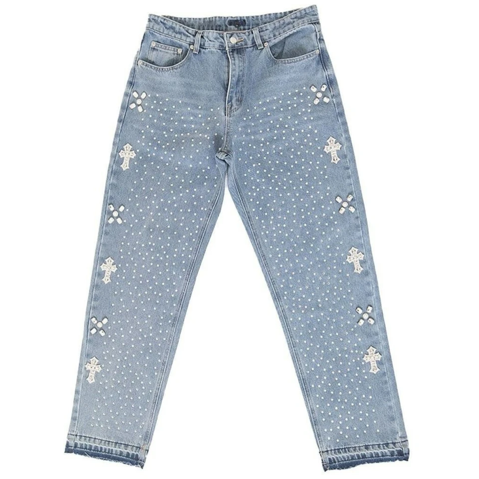 Y2K módne džínsy Men Ženy Harajuku Cross Graphic Sminestone Baggy Navičky