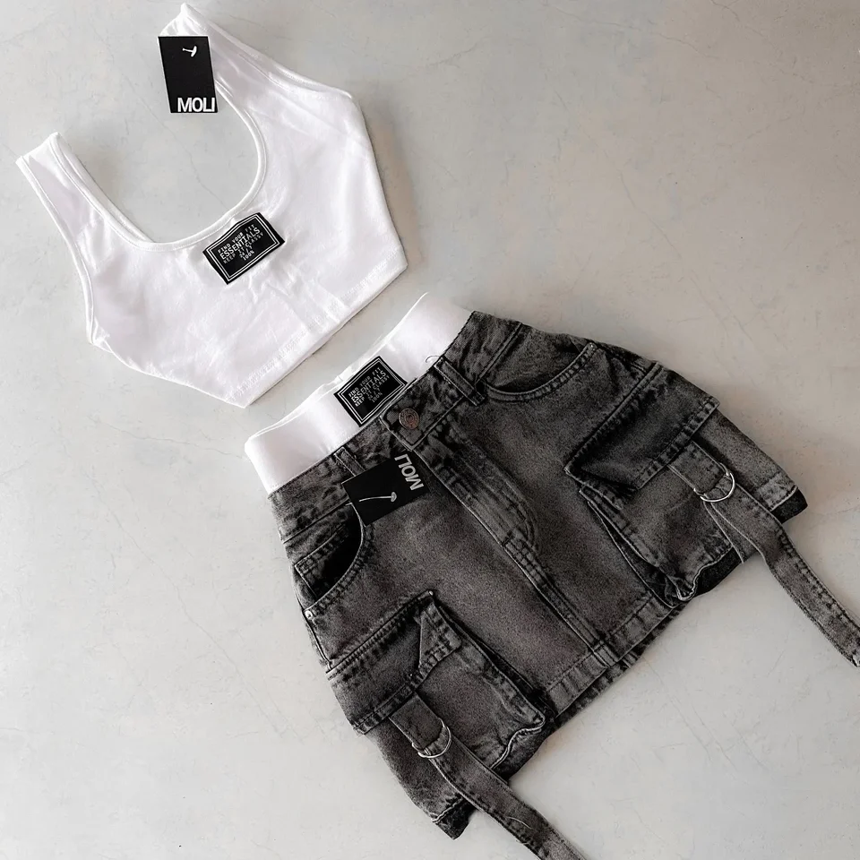 Y2K New Fashion Womens Dve peice sety viacerých vreciek džínsové sukne súpravy goth popruhy harajuku neformálne všestranné popruhy Streetwear