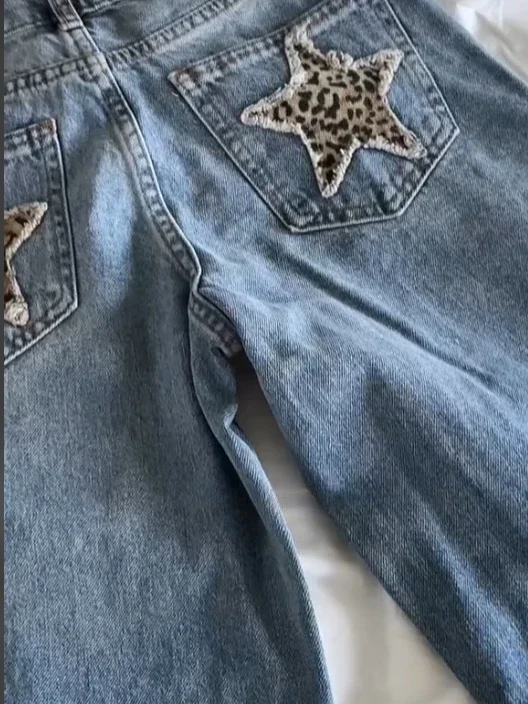 Y2K New Harajuku Leopard Star Retro Blue Blue Straight Disans Dámske dámske výšivky módy módy umývané Kórejským štýlom široké nohavice