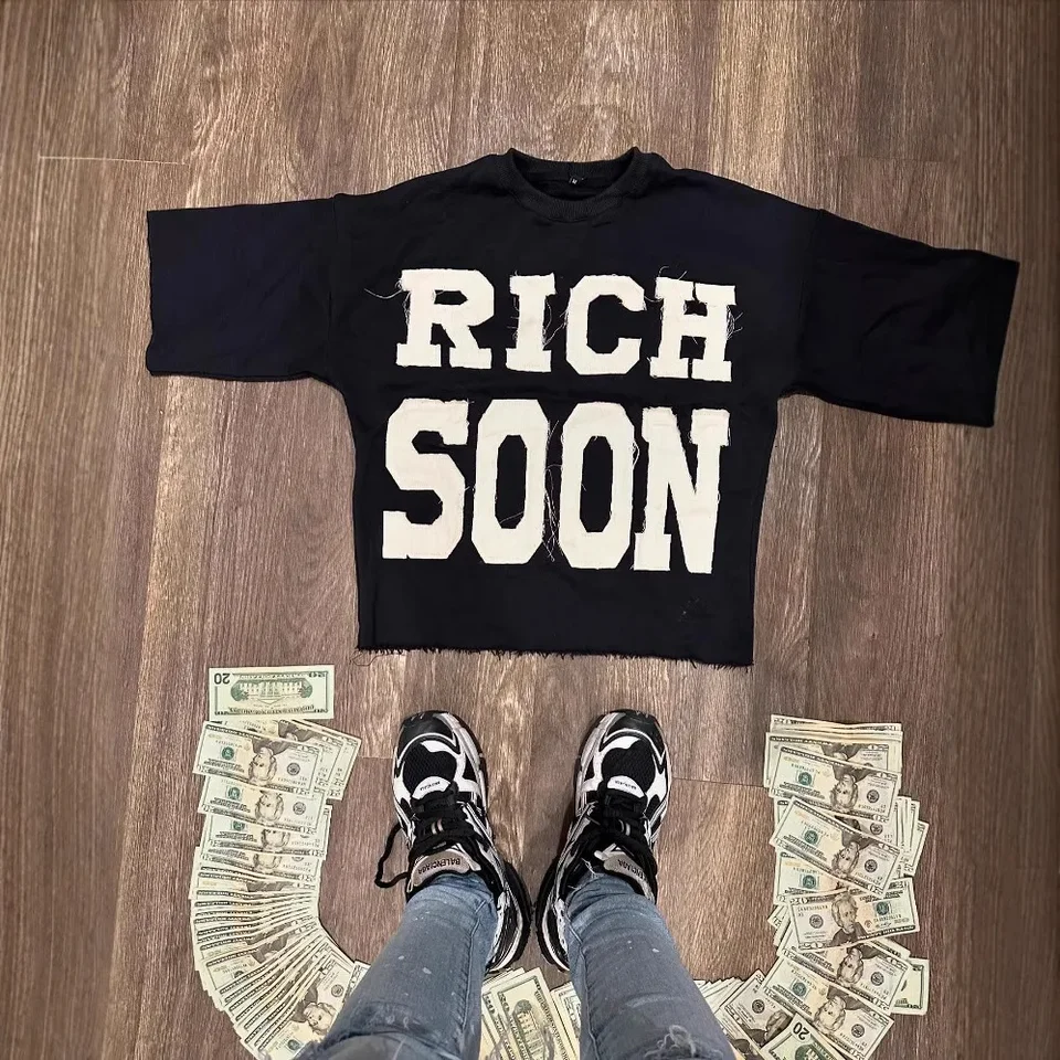 Y2K okrúhly krk s krátkym rukávom voľný vyšívaný patchwork Personalizované streetwear retro americké hip hopové top odev