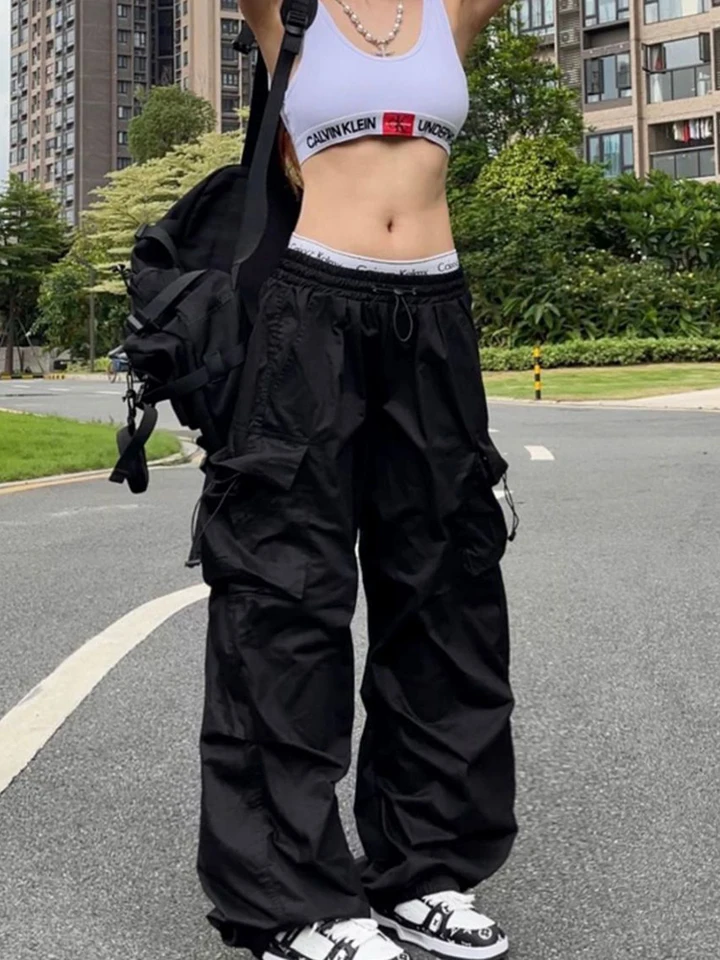 Y2K padákové čierne nohavice Ženy Hippie Streetwear Nadmerné vrecká na nákladné nohavice Harajuku široké nohy vrecká na nohy