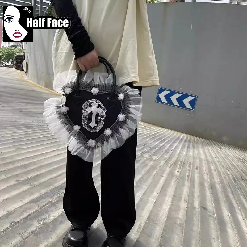 Y2k pikantné dievčatá harajuku dámsky gotický štýl čipky kvetiny vintage čierny punk kríž jedno rameno lolita crossbody taška tote