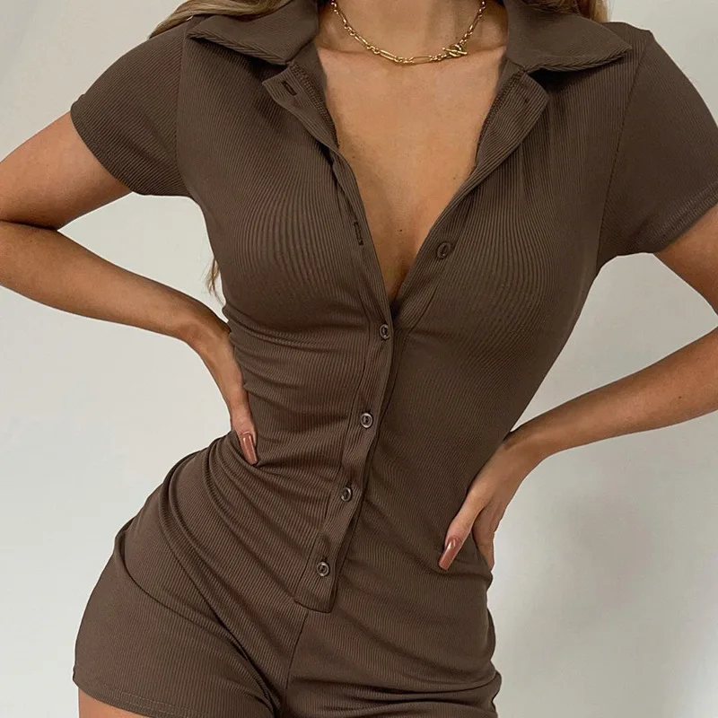 Y2K Playsuits Fashion Lady Summer Rompers Krátky rukáv Sexy Bodycon Female Casy BodySuit klopa klopa dámske oblečenie