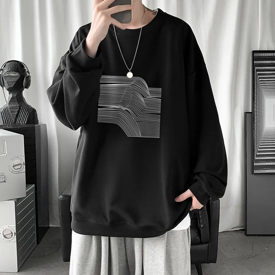Y2K Pánske mikiny Kórejské móda jednoduché bez kapucňa Sweár Sweater Nadmerná rukáv Top Blúzka Japonské čierne mikiny