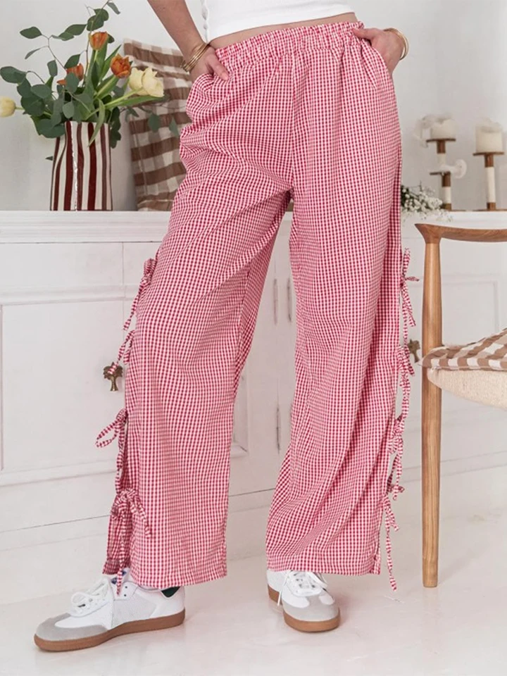 Y2K Red Gingham Pants for Women Bowt kravata bočná štrbina široký noha salónik zdola Plaid.
