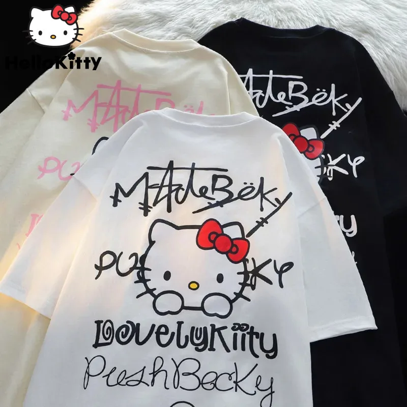 Y2K Sanrio Cute Hello Kitty T-Shirt Dámske leto tlačené trvácke rukávy Kawaii Kórejské fashoinové nadmerné top odevy Žena