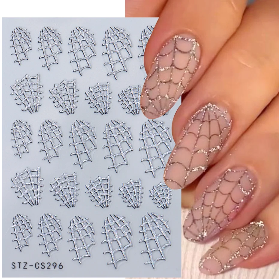 Y2K Sparkly Silver Spider Web Stumpery na nechty zlatý chróm pavúky na nechty obtisky roztomilé halloweenské vzory adhézne svižná manikúra