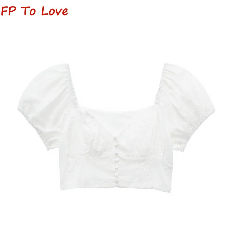 Y2K Spice White Cotton Vyšívaná top Top Sexy štvorcový krk Bubble rukávy krátke single Breested Tirla