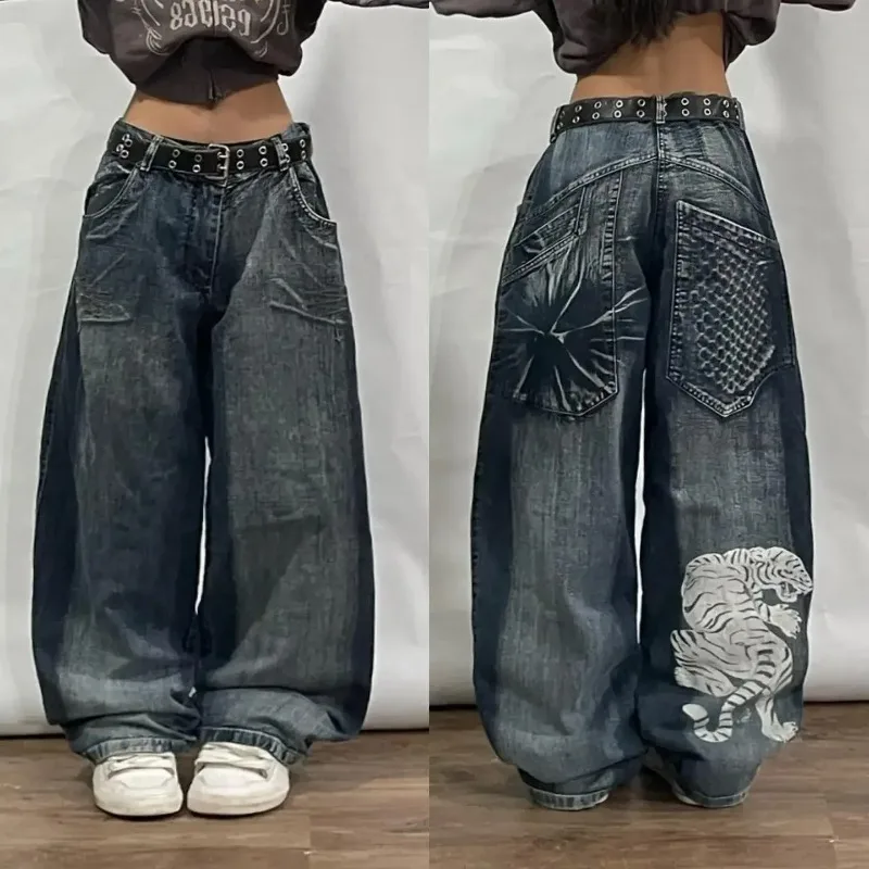 Y2K Street Vintage Nový tiger vyšívaný vreckový džínsy gotické harajuku módne hip hop populárny Joker High Waist Wide Nohavky na nohy