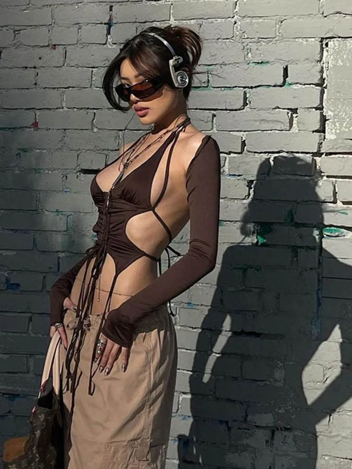 Y2K Streetwear 2-dielna súprava s dlhým rukávom ohláňací krk plodina Top nepravidelné bezproblémové mini šaty kombo pre ženy trendy estetika