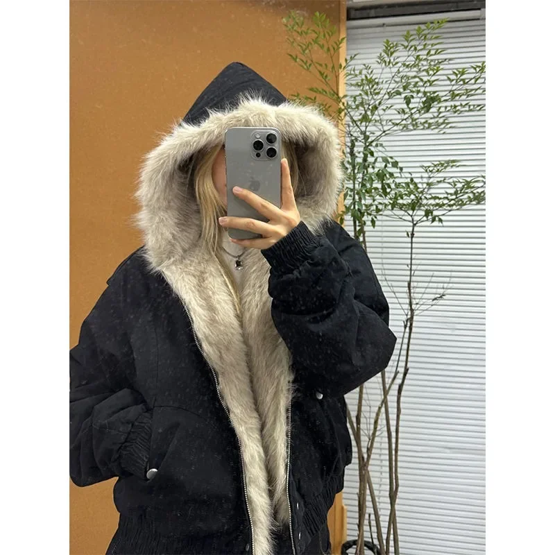 Y2K Streetwear plus zamatové zahustené teplé kožušinové obojky s kapucňou Ženy American Retro Winter New Harajuku Loose Casual Jacket