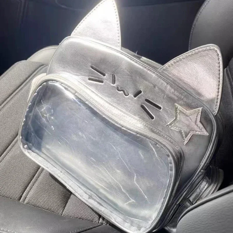 Y2K strieborné batohy pre ženy roztomilé mačka priehľadná taška na rameno módna návrhárka BAG Veľká kapacita Crossbody School Batoh