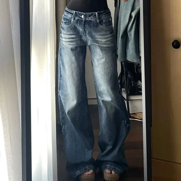 Y2K Vintage Baggy Džínsy široké nohy pre ženy umyté príležitostné džínsové džínsové nohavice Streetwear Kórejské lemované nohavice