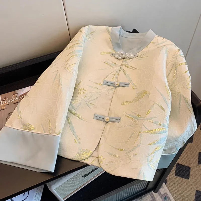 Y2K Vintage Krásne dámske kabáty 2024 Jeseň Bronzing Pretlač voľné topy Nové čínske svetlo Národný štýl tričko Blúzka Chic Jacket