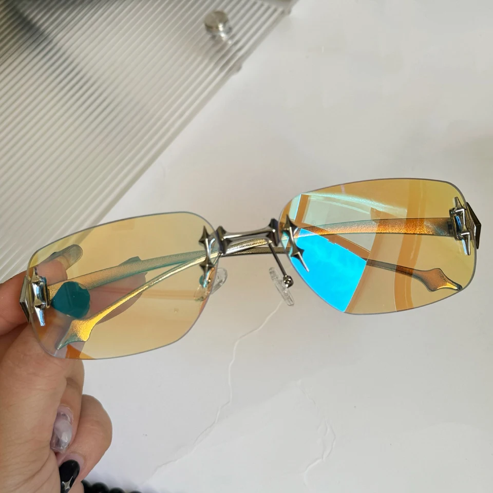 Y2K Vintage Rimless Square Slnečné okuliare Ženy pre mužov Luxusné značkové dizajnérske slnečné okuliare Punk Populárne hip hop rivet rivetové tiene odtiene UV