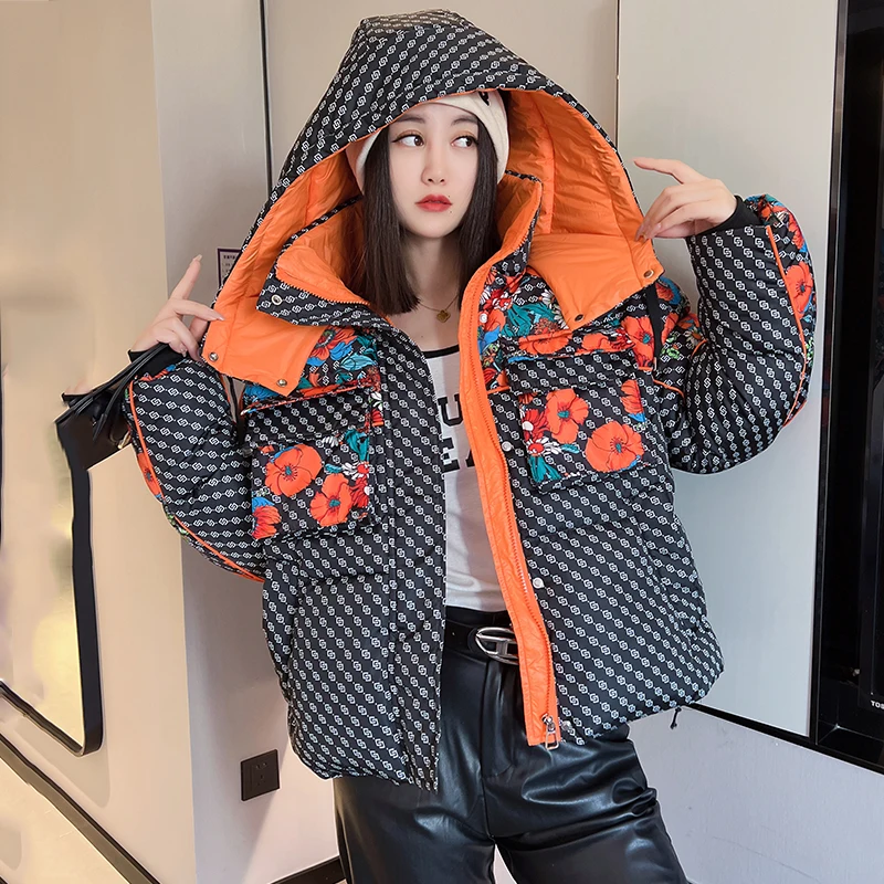 Y2K Women Coat Winter Printi s kapucňou teplé dámy krátke parky nadmerne nadmerne nafúknuté bunda ženský vodotesný odev Street móda