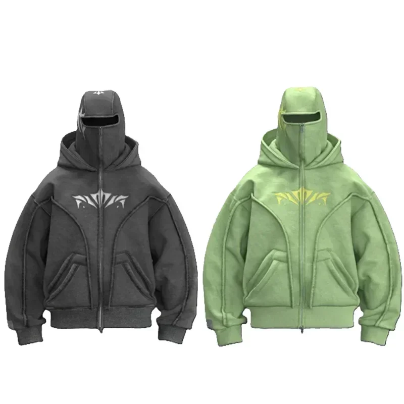 Y2K Zip Up Hoodie Vintage Pattern Harajuku Double Hat Vysoko kvalitná nadrozmerná mikina nových mužov Ženy Hip Hop Fashion Streetwear