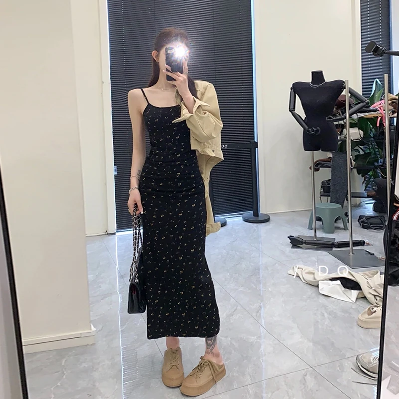 Y2K čierne bez rukávov dlhé šaty Dámske dámske dámske odevy Čajový prestávok kvetina kvetina šaty francúzske štíhle slnečné šaty elegantné Vestidos nový