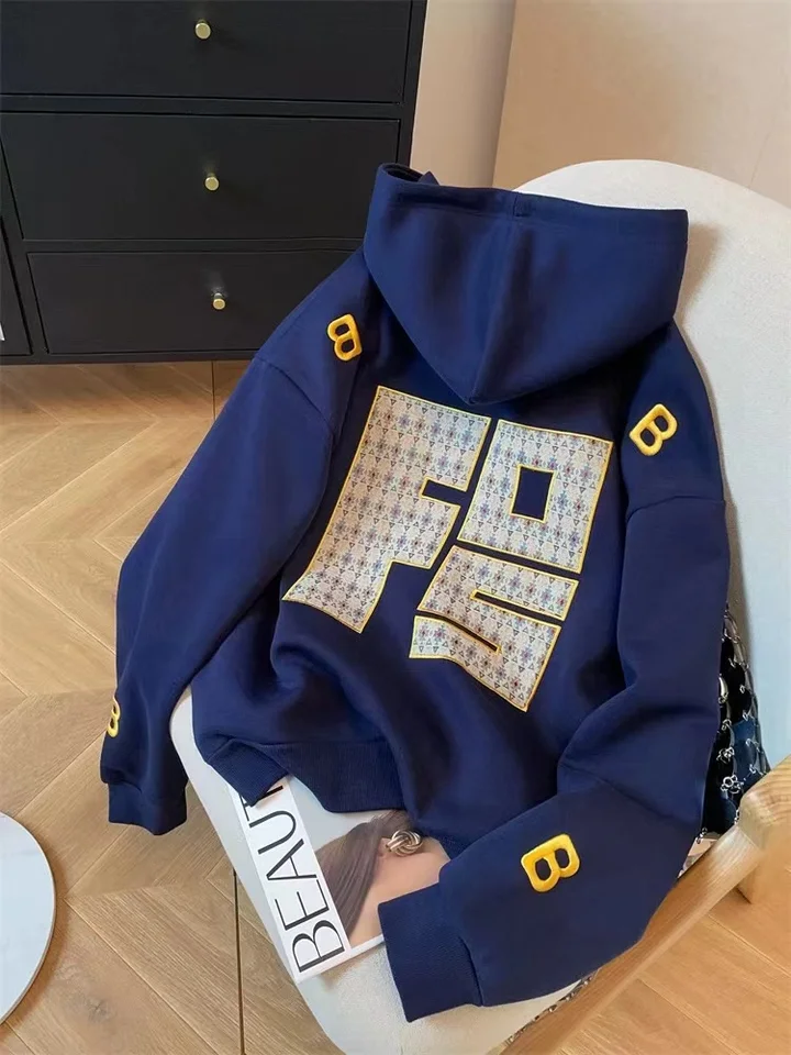 Y2K Ženy Grey Print Loose Hoodies s dlhým rukávom Mikina jar jesenné modrý list vyšíva