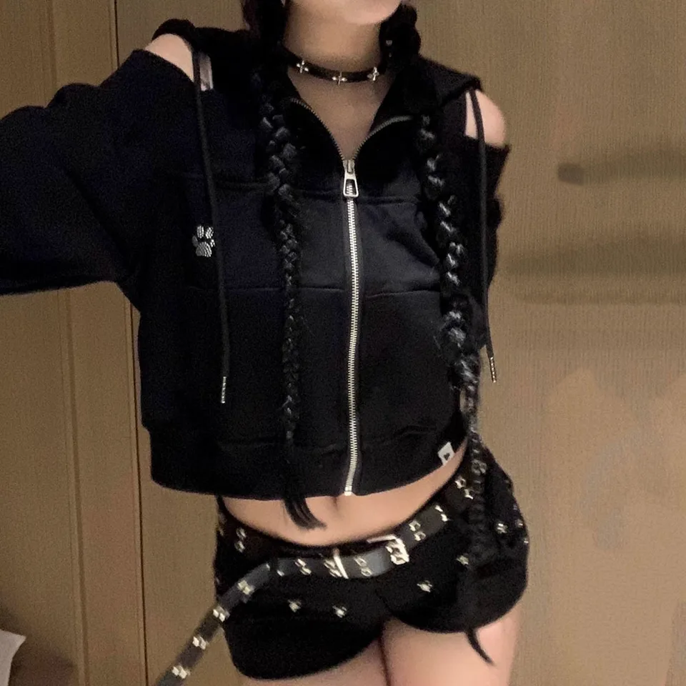 Y2K Ženy mikina e-dievča z ramena harajuku zips-up kabát jesenná plodina Tops Hoodies bunda
