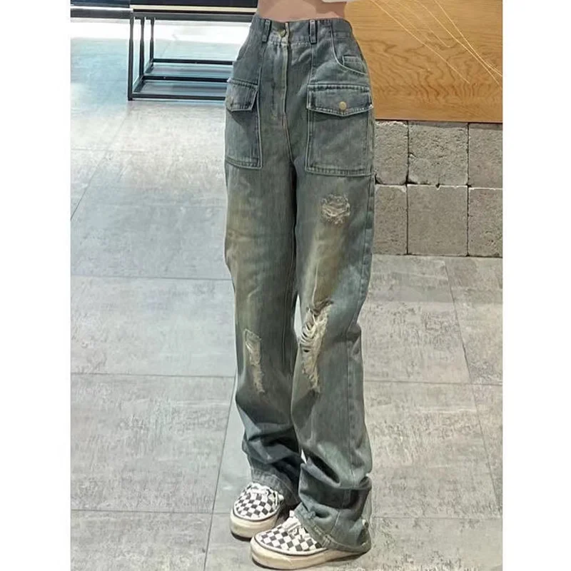 Y2K Ženy Vintage streetwear roztrhané rovné dámy nákladné džínsy nohavice s vysokým pásom voľné džínsové nohavice rozprávka grunge alt oblečenie